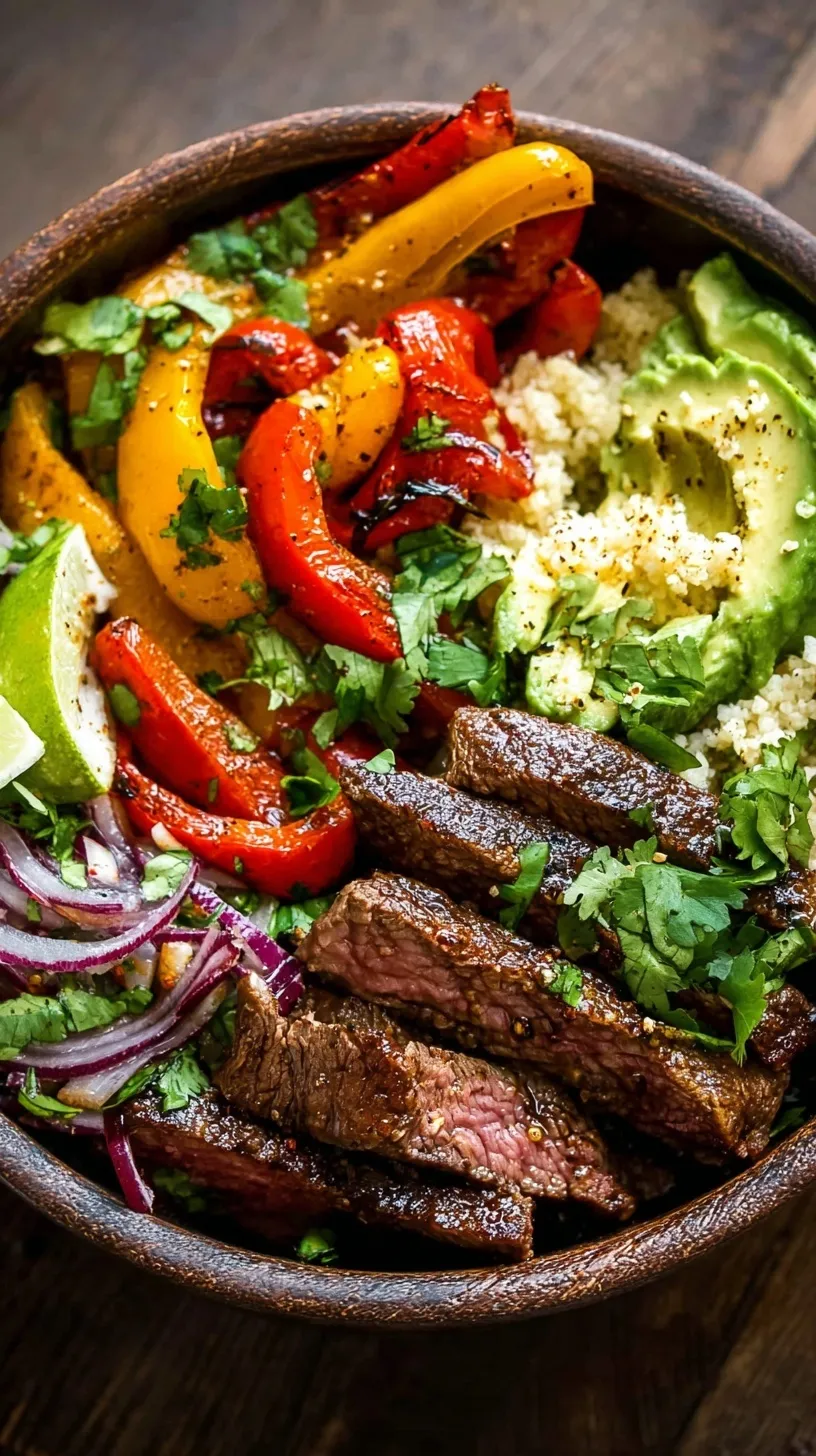 A colorful steak fajita bowl with seared steak, bell peppers, and cauliflower rice garnished with cilantro and lime.