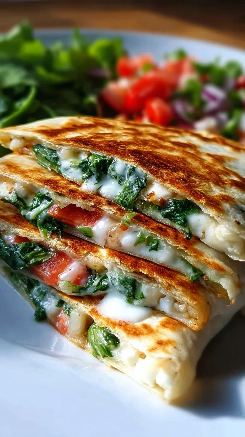 A golden-brown Mediterranean spinach quesadilla sliced into wedges with melting cheese and fresh greens showing.