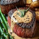 Pan-seared filet mignon topped with a rich and creamy black peppercorn sauce