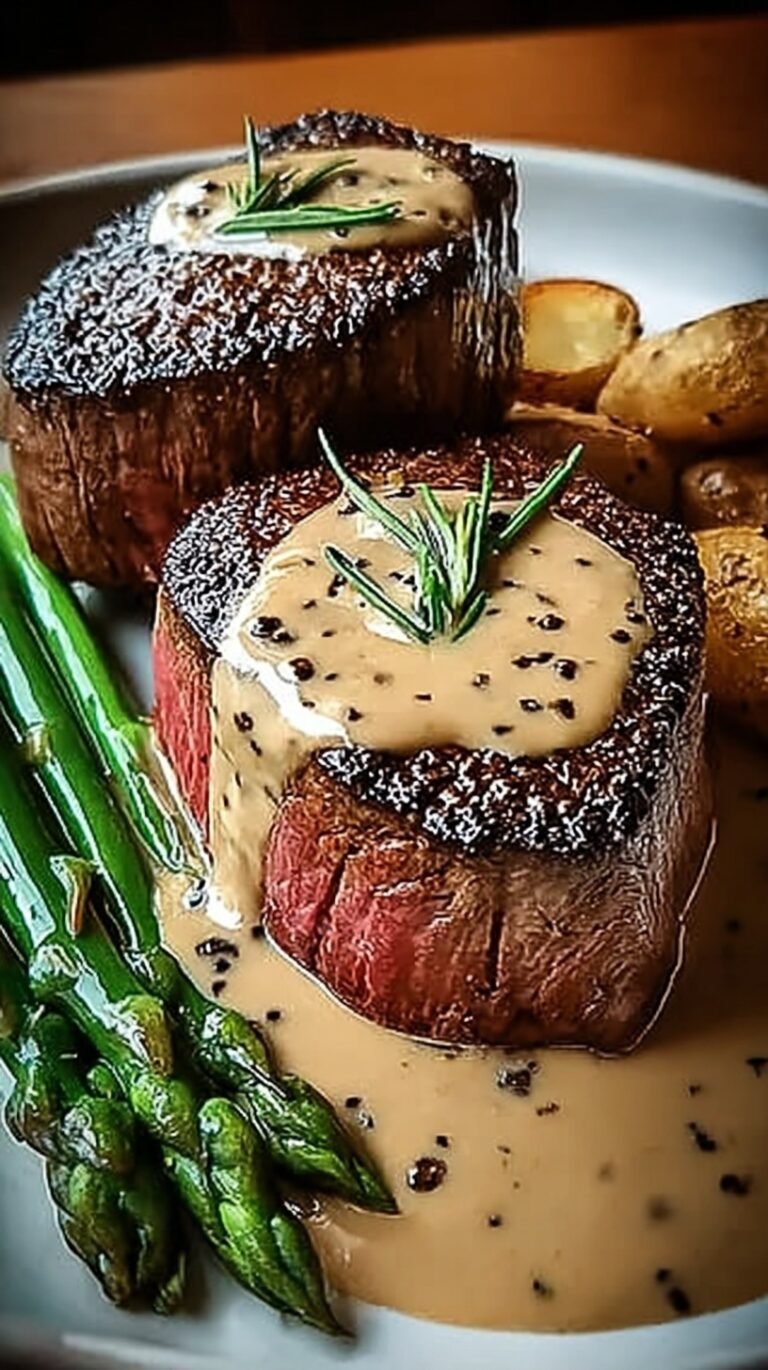 Pan-seared filet mignon topped with a rich and creamy black peppercorn sauce