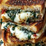 A golden brown sourdough grilled cheese sandwich cut diagonally with melted mozzarella and green spinach visible.
