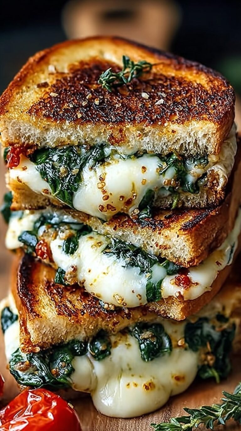 A golden brown sourdough grilled cheese sandwich cut diagonally with melted mozzarella and green spinach visible.