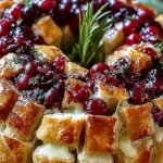 A golden sourdough pull-apart bread stuffed with melted brie and red cranberry sauce on a wooden board.