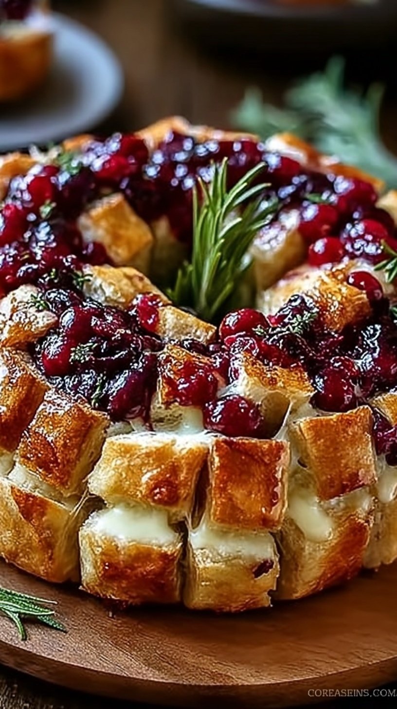 A golden sourdough pull-apart bread stuffed with melted brie and red cranberry sauce on a wooden board.