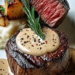 Two pan-seared filet mignon steaks topped with a rich and creamy peppercorn sauce in a skillet.