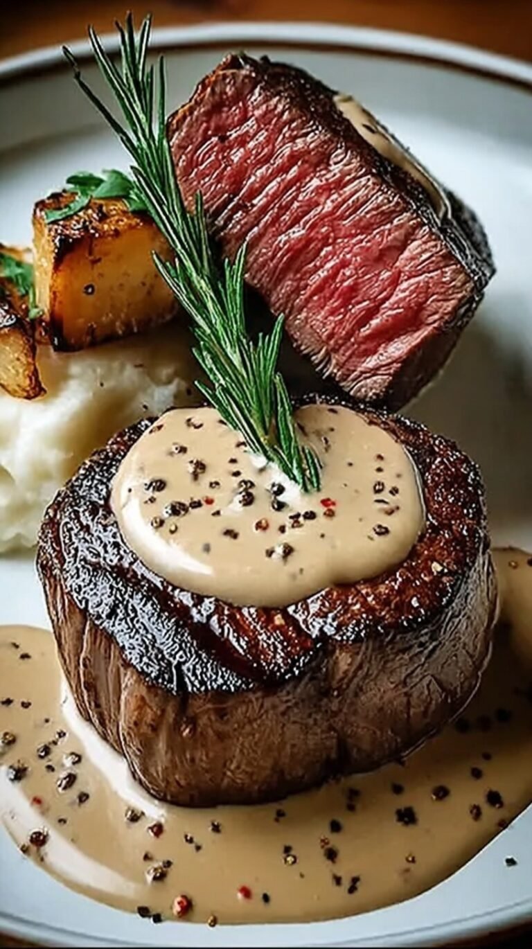 Two pan-seared filet mignon steaks topped with a rich and creamy peppercorn sauce in a skillet.