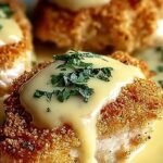 A golden brown pan-seared chicken breast with a crispy pecorino crust and creamy lemon sauce