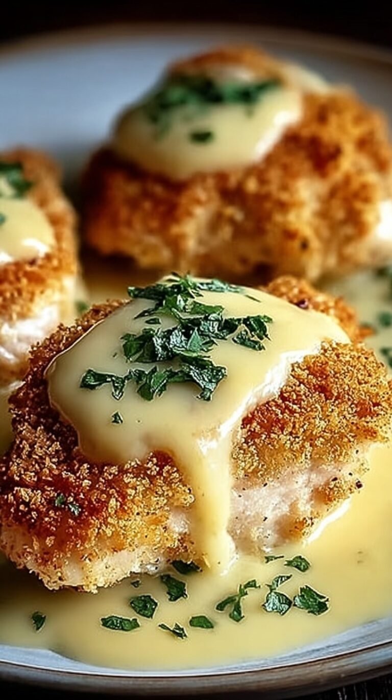 A golden brown pan-seared chicken breast with a crispy pecorino crust and creamy lemon sauce