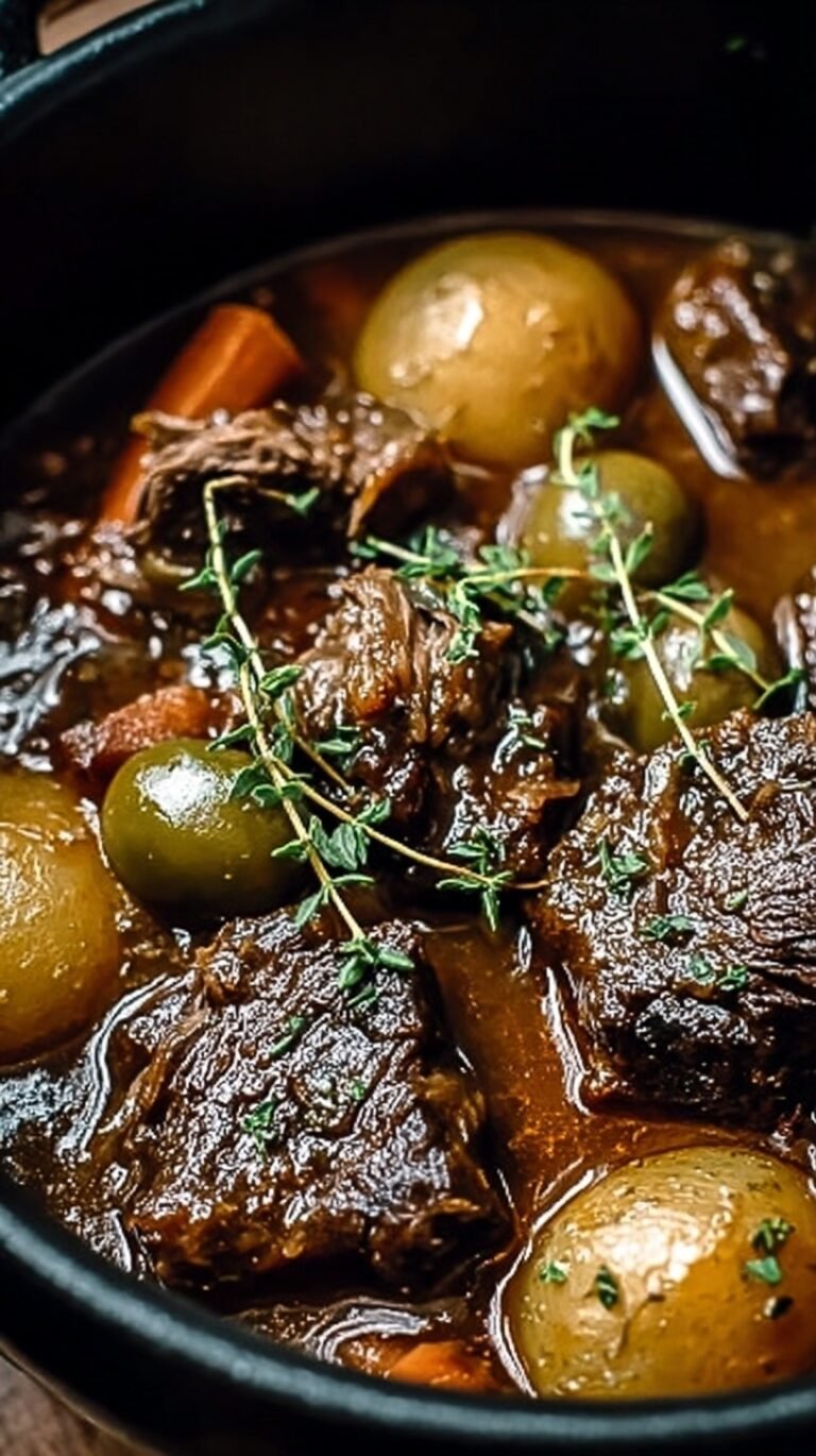 A pot of rich Belgian beef stew with tender meat and dark gravy served with bread.