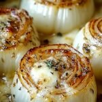 A ceramic dish of golden, bubbly creamy baked onions topped with melted Asiago cheese and fresh thyme.