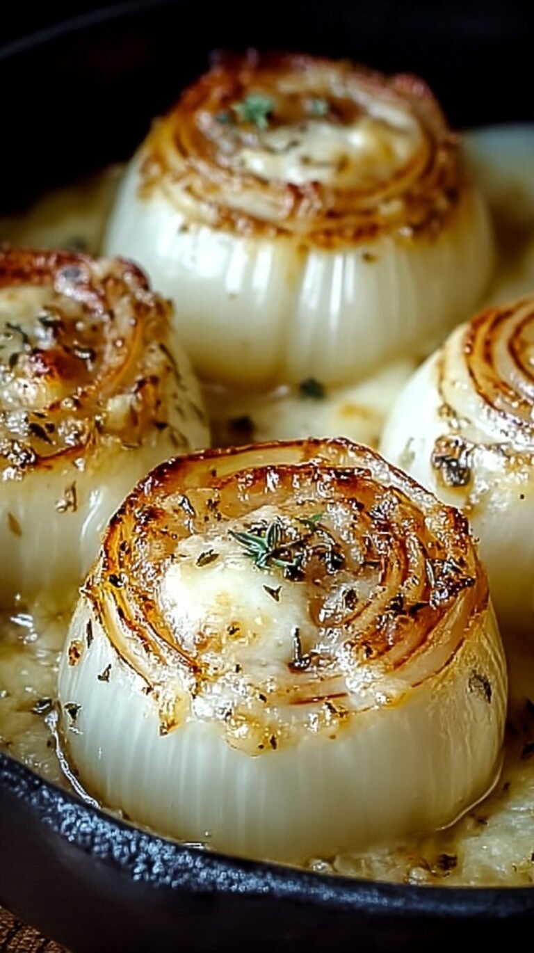 A ceramic dish of golden, bubbly creamy baked onions topped with melted Asiago cheese and fresh thyme.