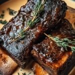 A plate of tender braised beef short ribs drizzled with a rich creamy herb sauce and served over mashed potatoes