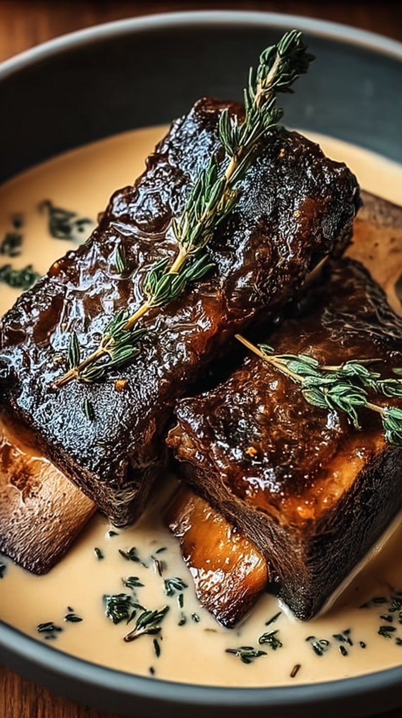 A plate of tender braised beef short ribs drizzled with a rich creamy herb sauce and served over mashed potatoes