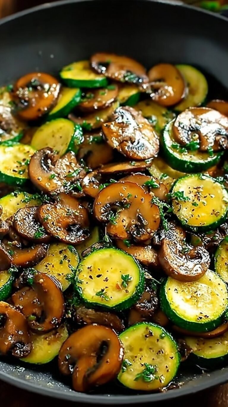 Sautéed sliced zucchini and cremini mushrooms in a cast iron skillet with fresh herbs
