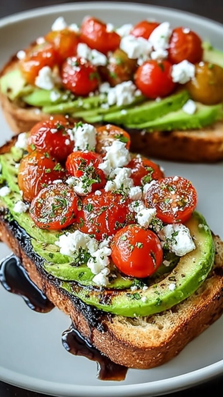 A slice of sourdough bread topped with mashed avocado, halved cherry tomatoes, and crumbled feta cheese.
