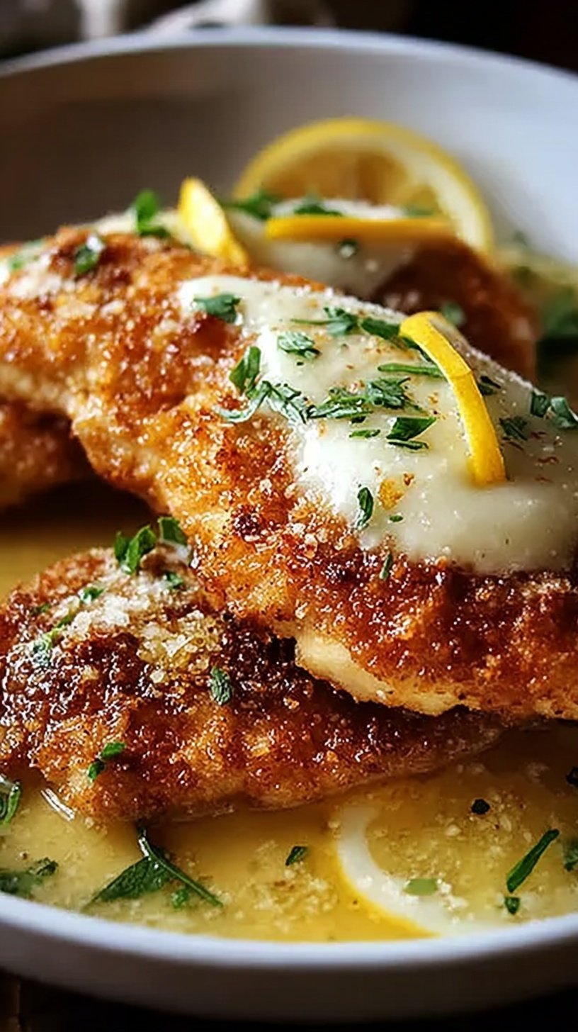 Golden brown crispy chicken cutlets garnished with fresh parsley and lemon wedges on a white plate.