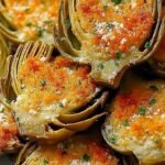 Golden brown breaded artichoke hearts on a baking sheet with a side of dipping sauce