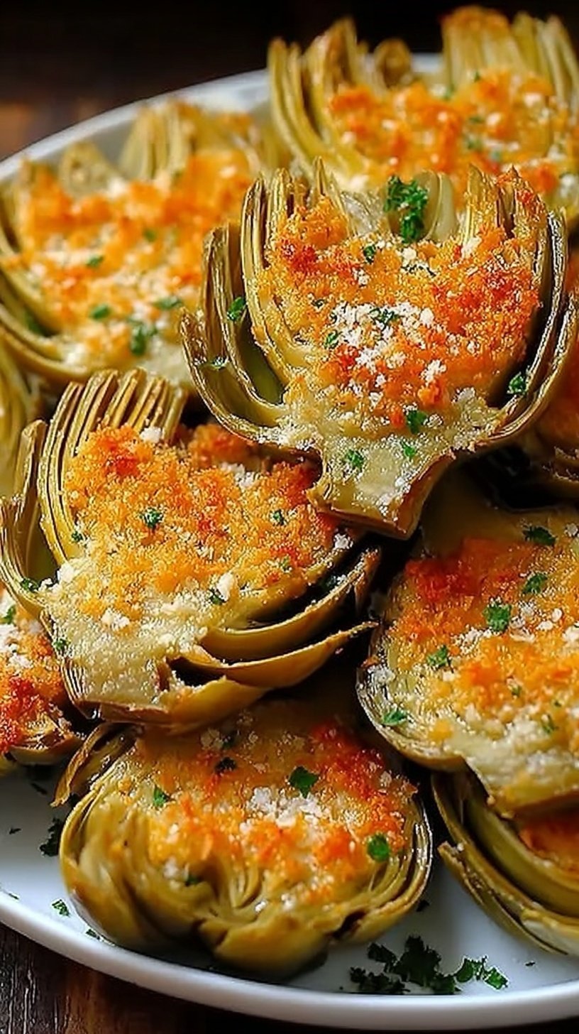Golden brown breaded artichoke hearts on a baking sheet with a side of dipping sauce