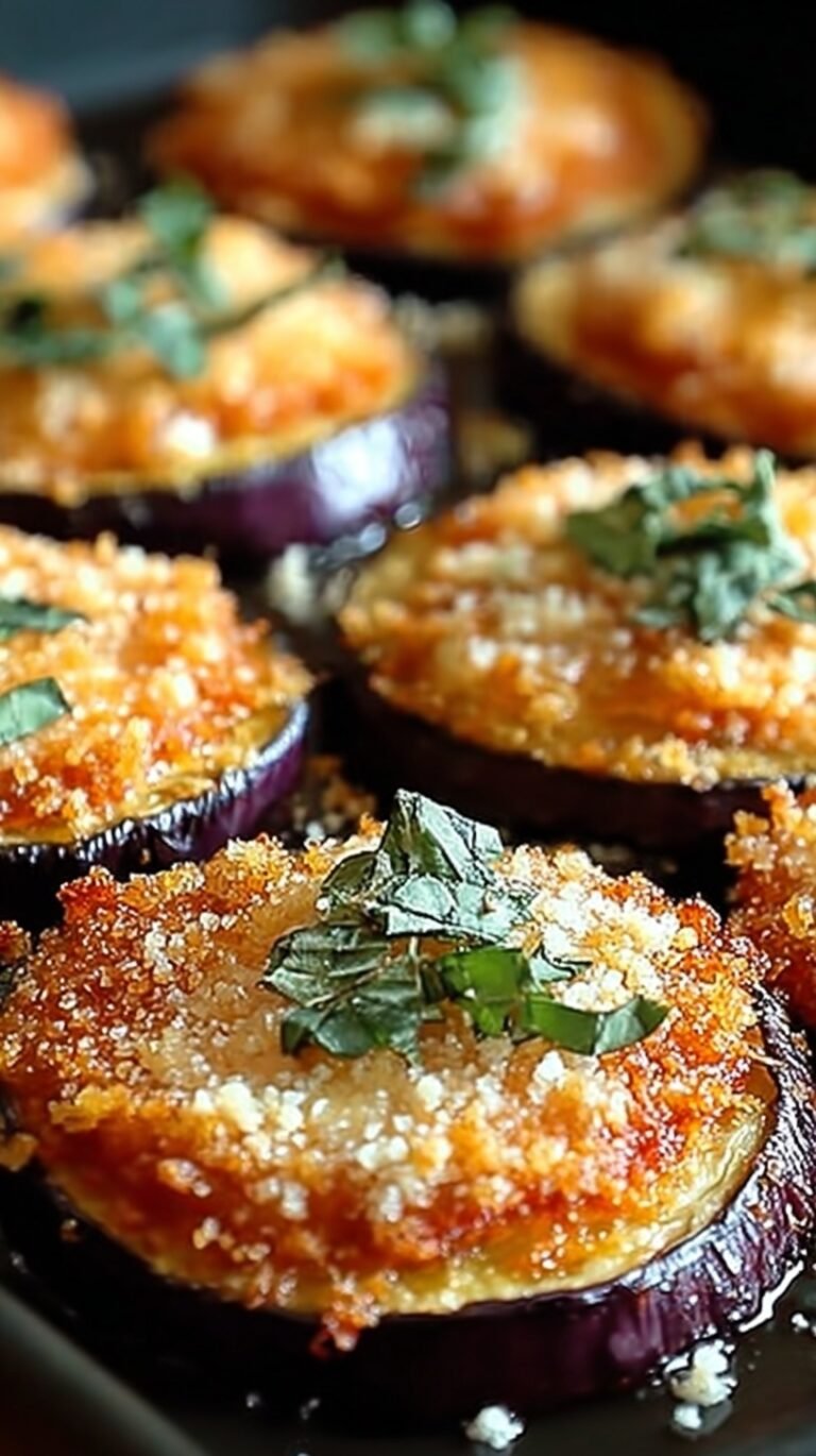 Golden brown baked eggplant parmesan slices layered with red sauce and melted mozzarella cheese in a glass baking dish.