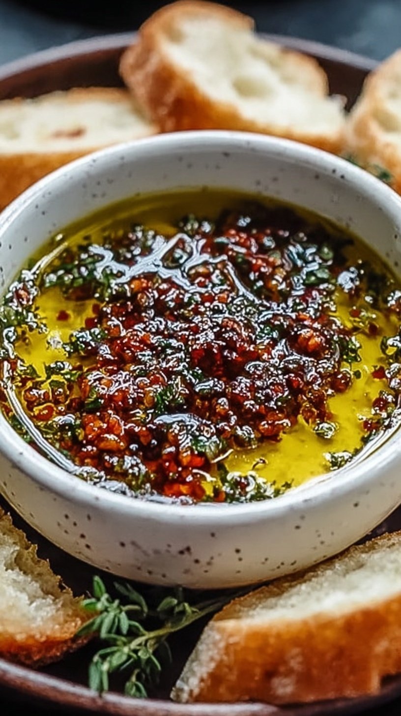 A shallow dish filled with herb-infused olive oil and balsamic vinegar for dipping bread.