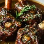 Tender slow-cooked lamb shanks served with a rich brown herb gravy in a Dutch oven.