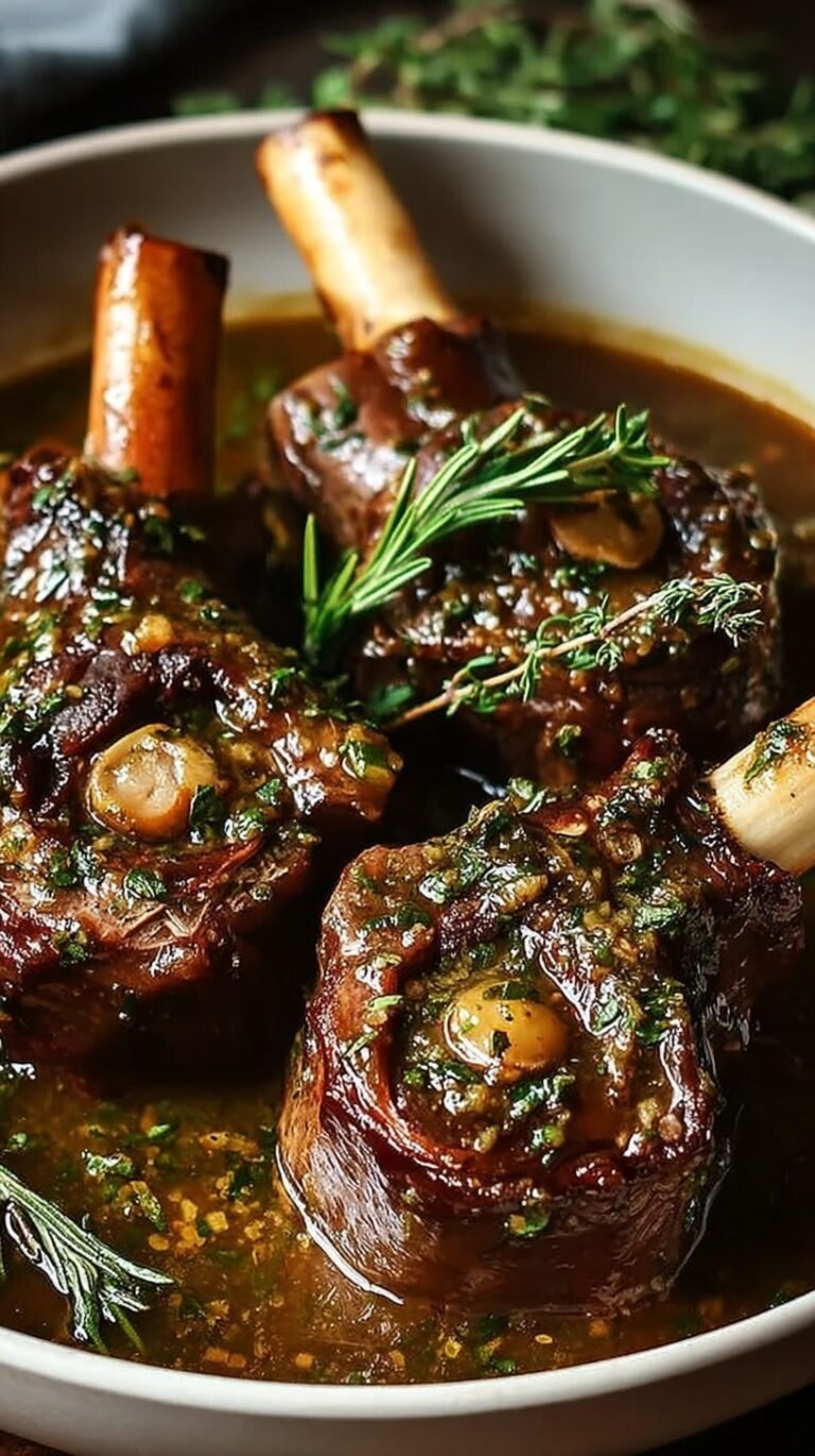 Tender slow-cooked lamb shanks served with a rich brown herb gravy in a Dutch oven.