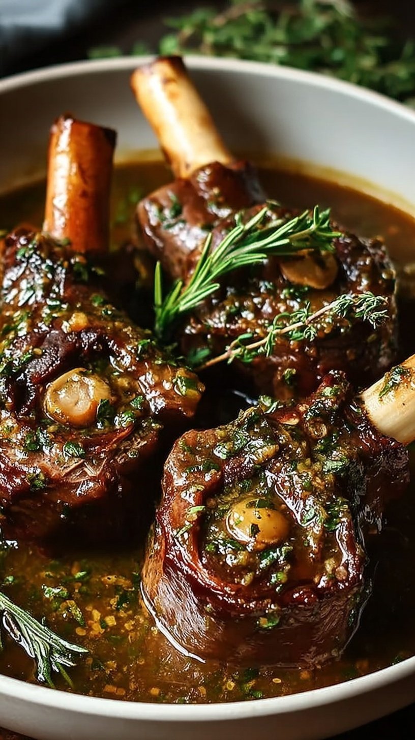 Tender slow-cooked lamb shanks served with a rich brown herb gravy in a Dutch oven.