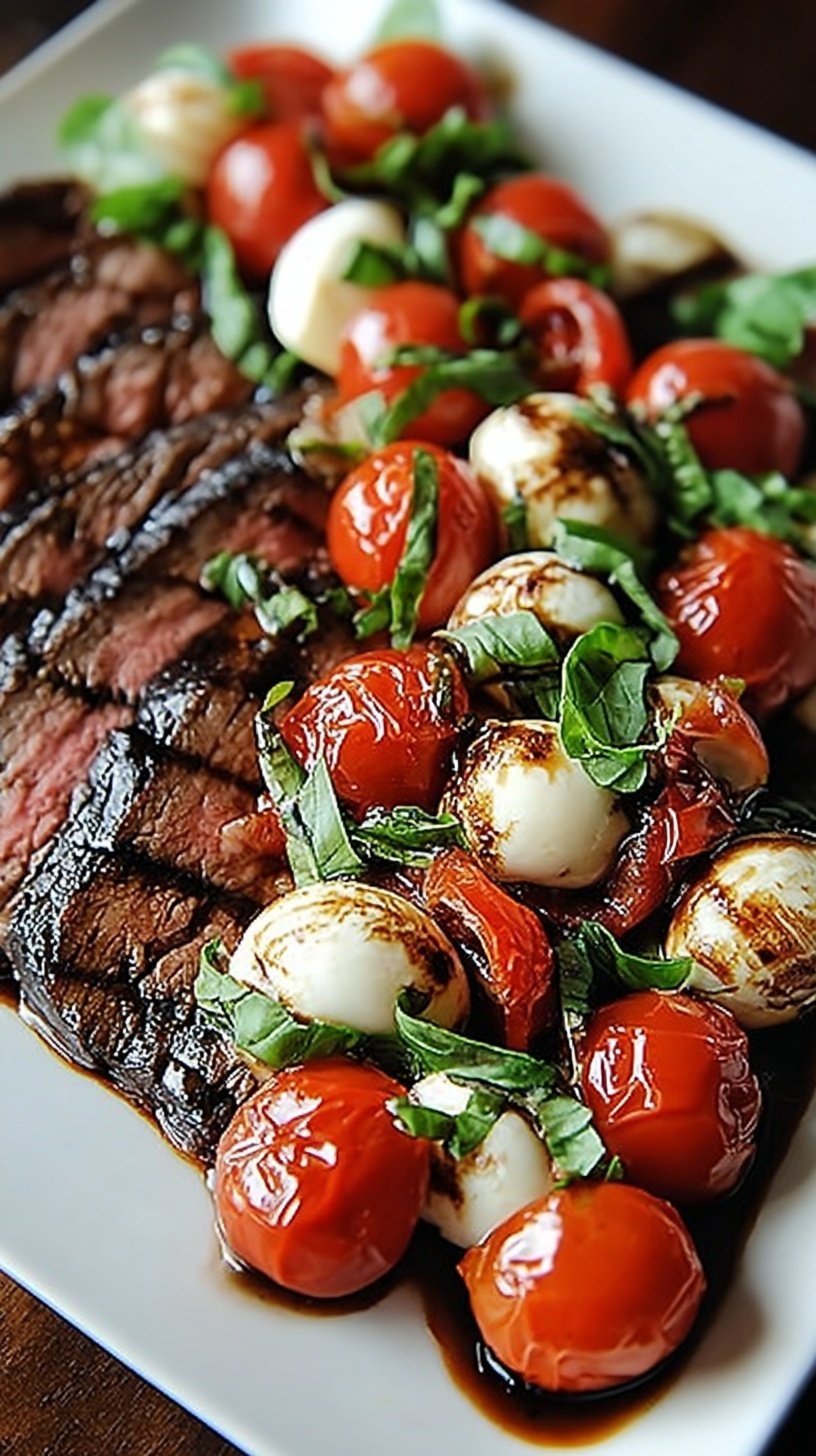Juicy sliced balsamic grilled flank steak topped with fresh mozzarella, heirloom tomatoes, and basil on a platter.