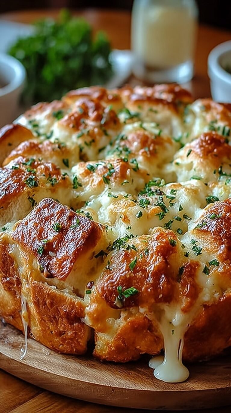 A golden brown pull-apart bread loaf stuffed with melted mozzarella and garlic herbs
