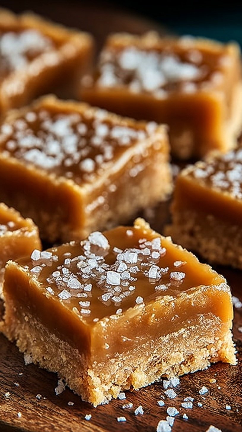 A stack of golden brown salted caramel butter bars with a gooey caramel center and a sprinkle of sea salt on top.