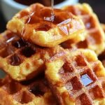 Golden brown mini cornbread waffle bites drizzled with warm honey butter syrup on a white plate.