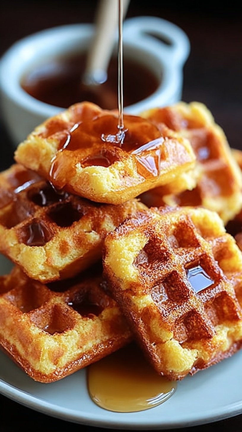 Golden brown mini cornbread waffle bites drizzled with warm honey butter syrup on a white plate.