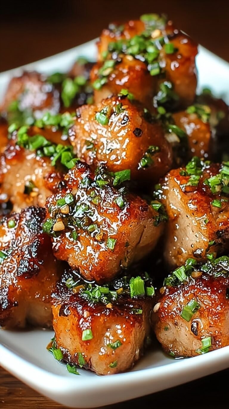 Golden brown pork shoulder cubes seared in a cast iron skillet with garlic and fresh parsley garnish.
