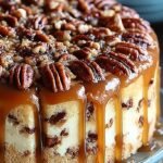 A sliced butter pecan poke cake topped with whipped cream and glazed pecans on a white plate.