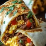 A stack of golden brown freezer breakfast burritos wrapped in foil on a wooden board.