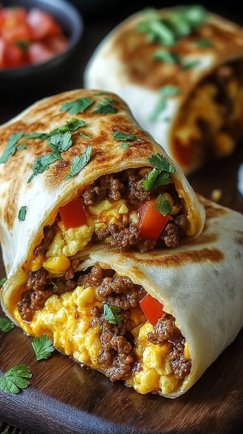 A stack of golden brown freezer breakfast burritos wrapped in foil on a wooden board.
