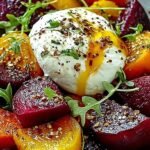 A platter of roasted red beets and baby carrots over fresh arugula with creamy burrata cheese and balsamic glaze.