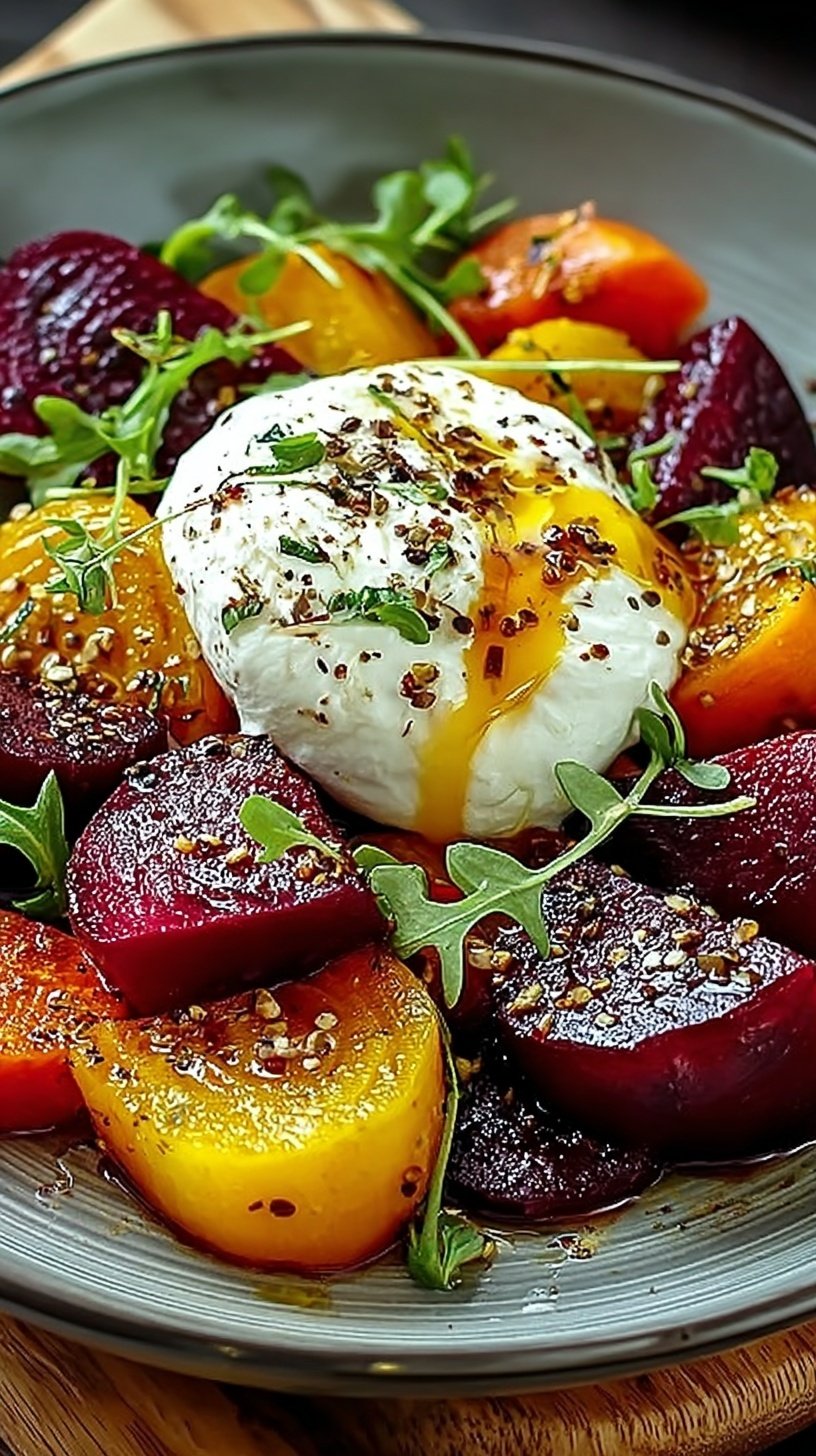 A platter of roasted red beets and baby carrots over fresh arugula with creamy burrata cheese and balsamic glaze.