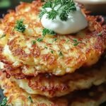 A stack of golden brown, crispy German potato pancakes served with applesauce on a white plate.
