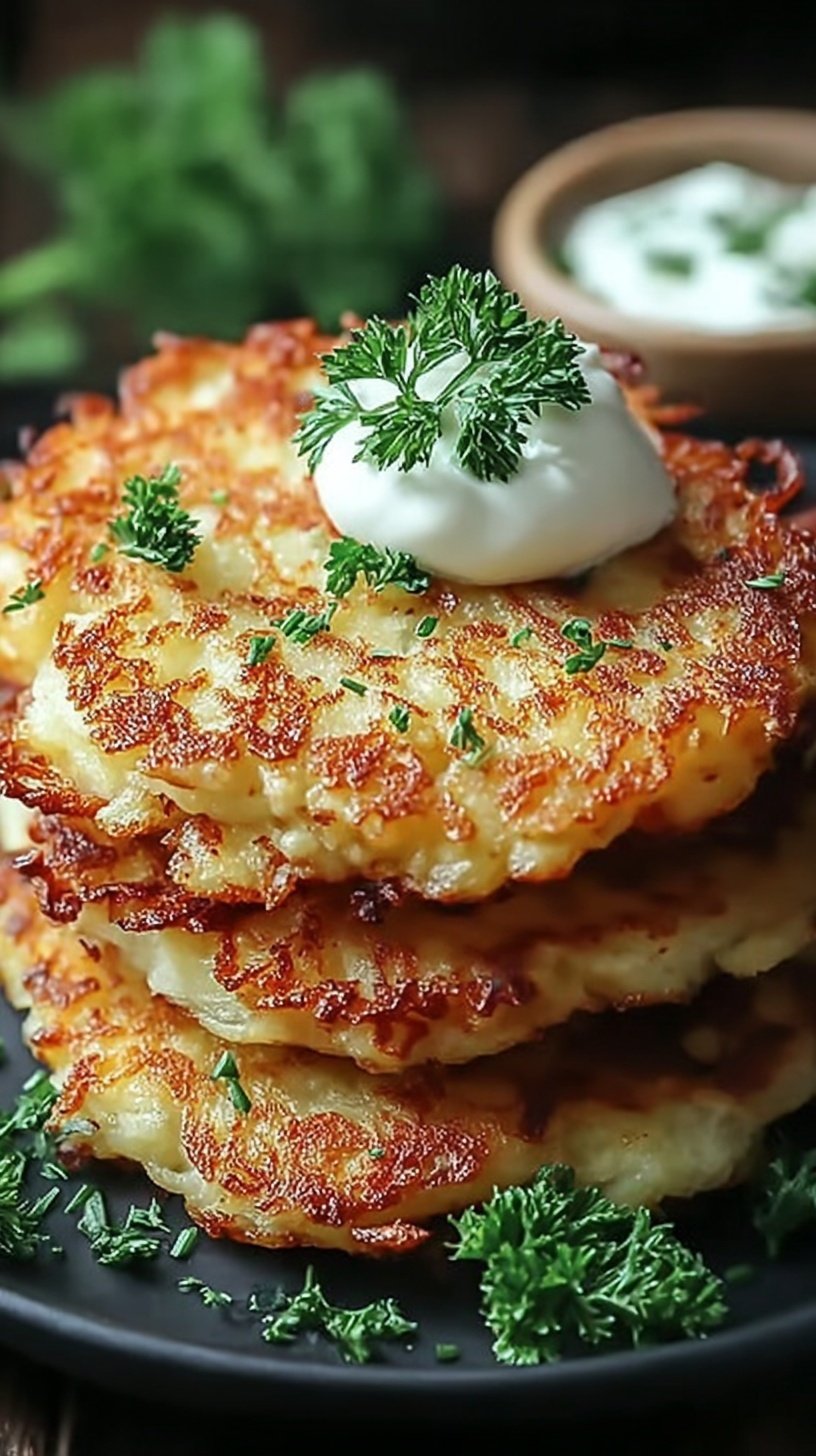 A stack of golden brown, crispy German potato pancakes served with applesauce on a white plate.