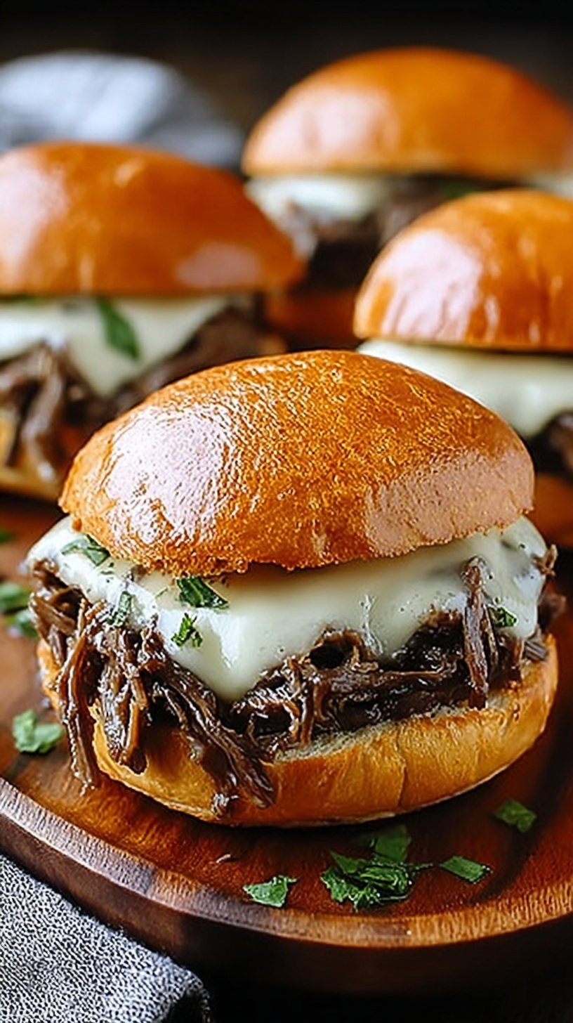 Shredded beef on a toasted hoagie roll with melted provolone cheese and a side of au jus dipping sauce.