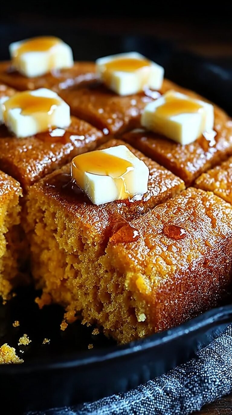 Golden brown honey butter skillet cornbread in a cast iron pan with a honey glaze