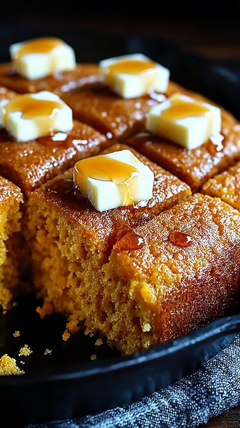Golden brown honey butter skillet cornbread in a cast iron pan with a honey glaze