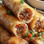 Golden brown and crispy Filipino pork spring rolls served with sweet chili sauce on a white platter.