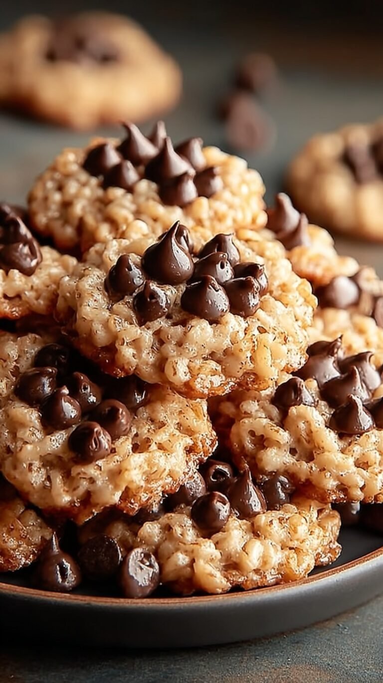 A stack of golden brown chocolate chip cookies with visible crispy rice cereal texture on a cooling rack.