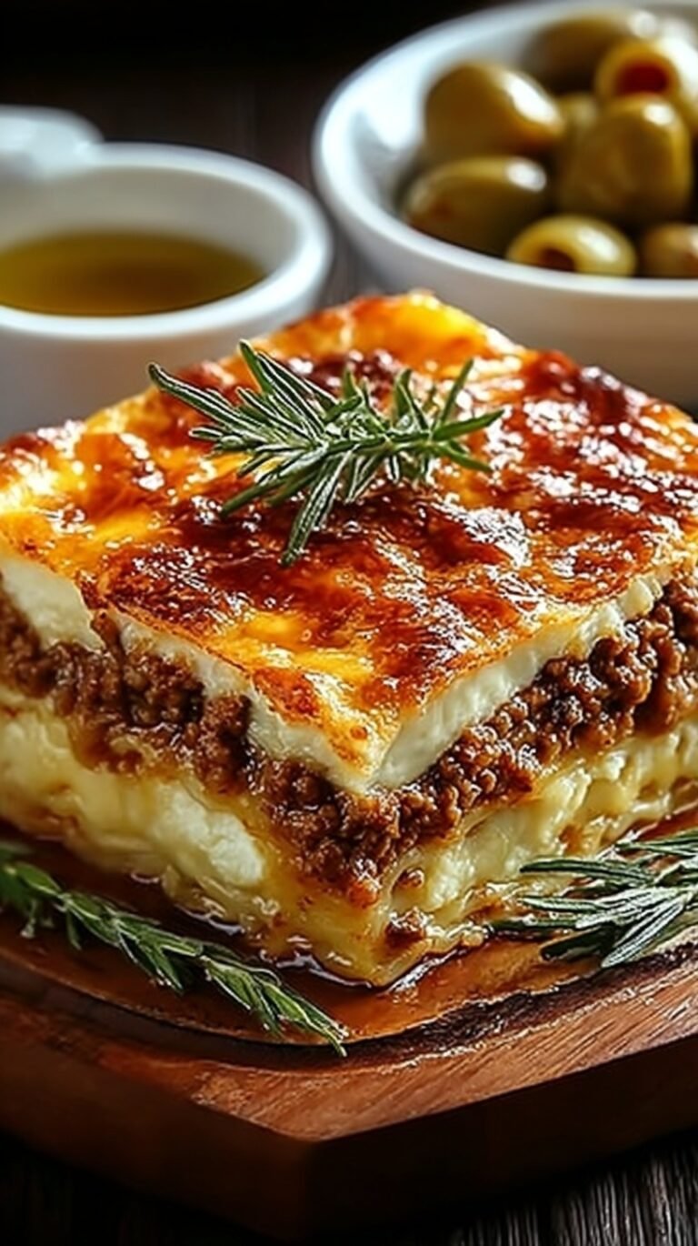 A golden-brown slice of Traditional Greek Pastitsio showing layers of pasta and meat sauce