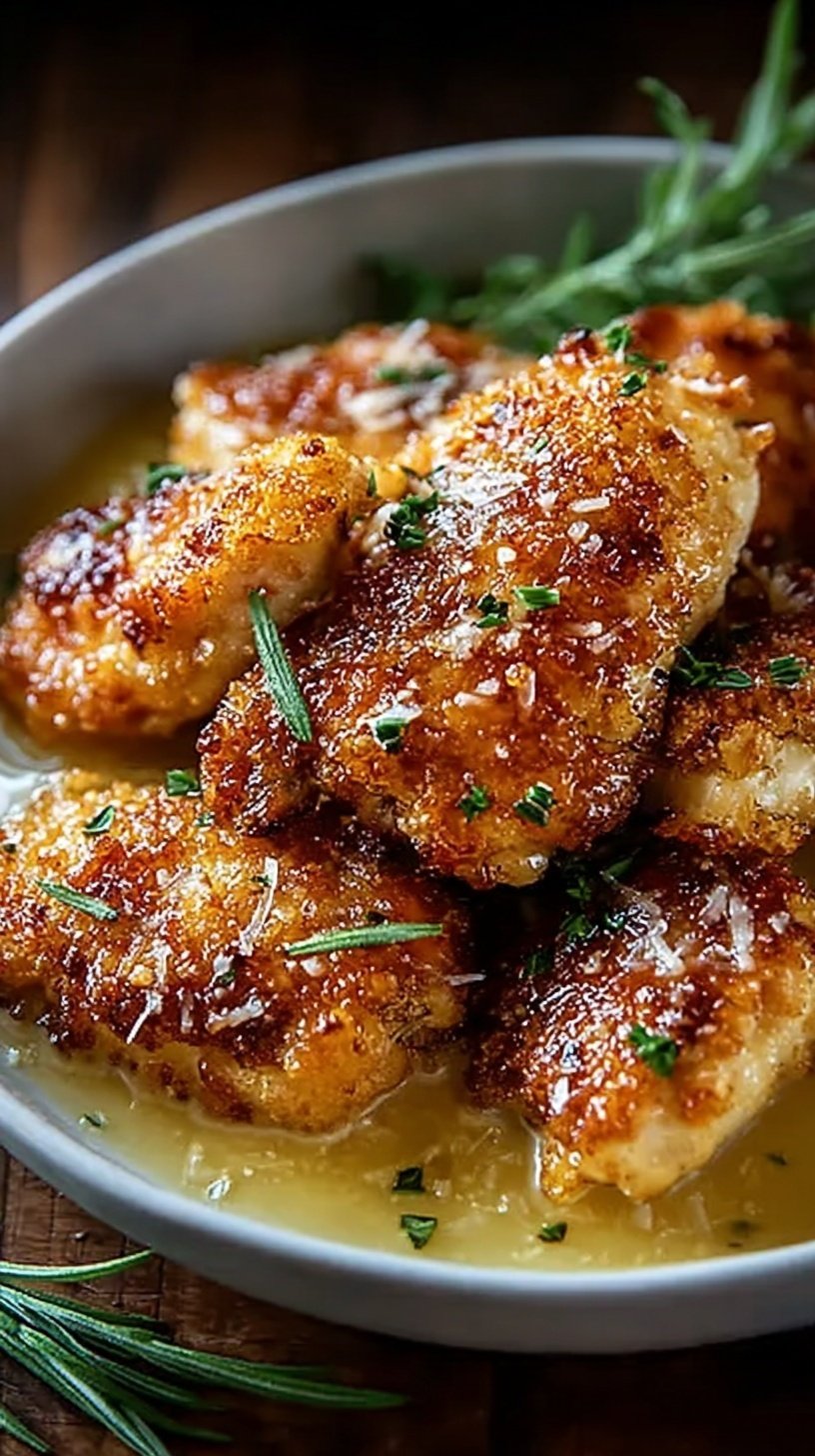 Golden brown crispy chicken cutlets garnished with fresh parsley and lemon wedges on a white plate.