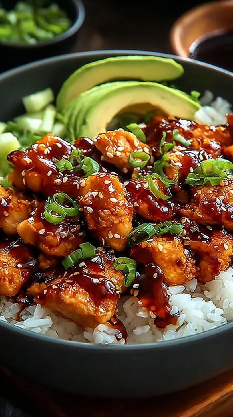 A vibrant bowl of glazed honey-ginger chicken, steamed broccoli, and jasmine rice drizzled with creamy Yum Yum sauce.