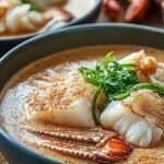 A bowl of creamy crab soup garnished with fresh parsley and a dash of Old Bay seasoning.