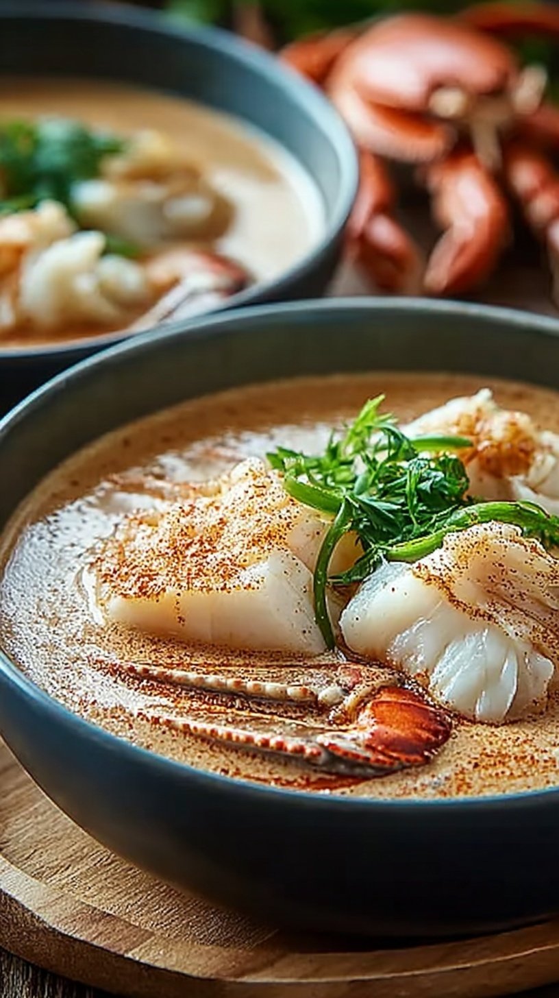 A bowl of creamy crab soup garnished with fresh parsley and a dash of Old Bay seasoning.